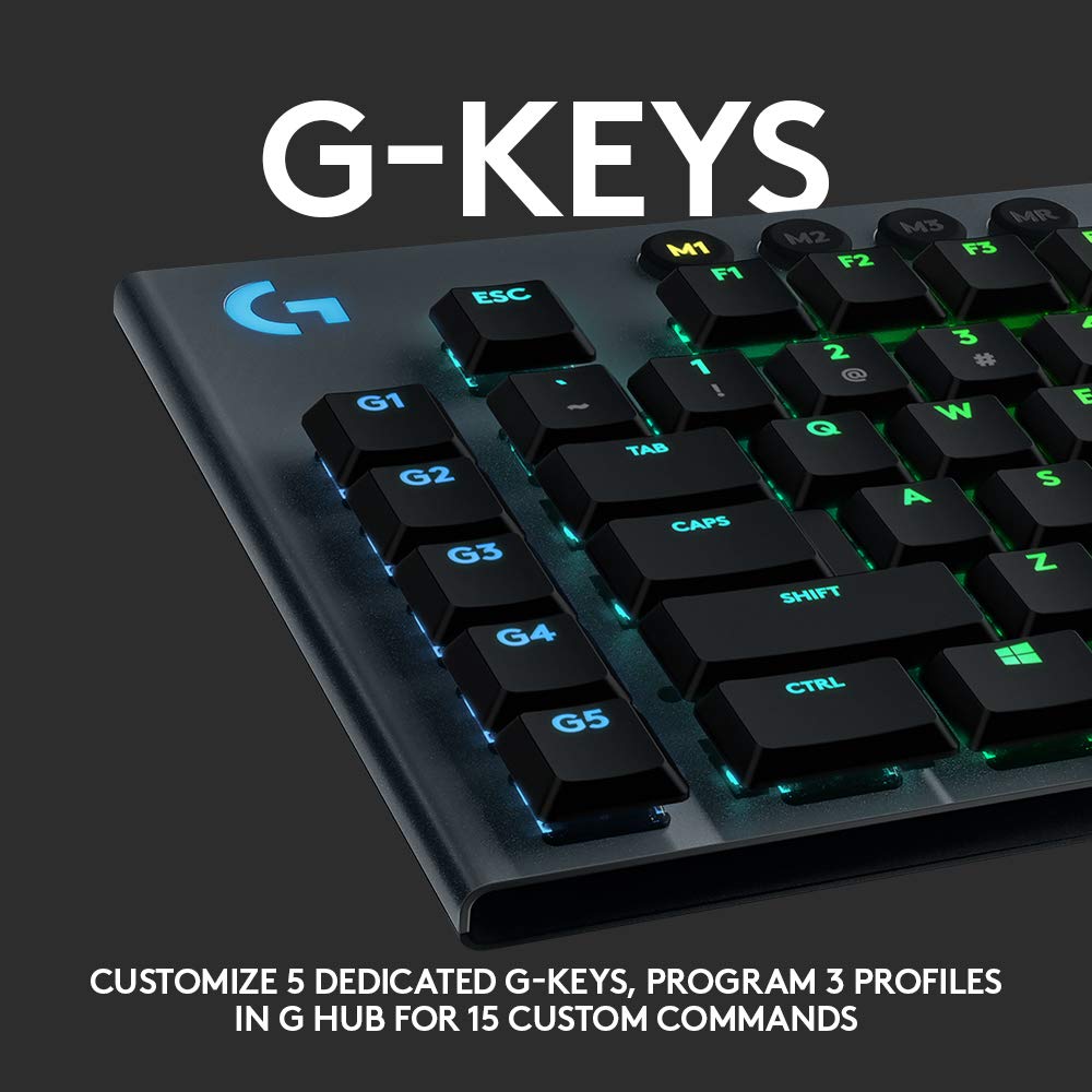 Logitech G915 wireless mechanical gaming keyboard, low profile clicky switches, RGB, Bluetooth + Lightspeed.