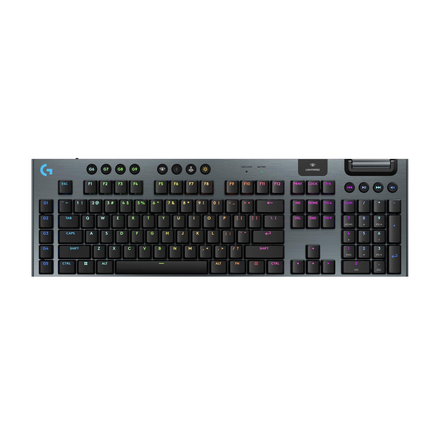 Logitech G915 X Lightspeed wireless keyboard, low profile switches, RGB, PBT keycaps.