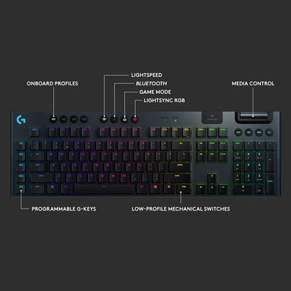 Logitech G915 wireless mechanical gaming keyboard, low profile clicky switches, RGB, Bluetooth + Lightspeed.