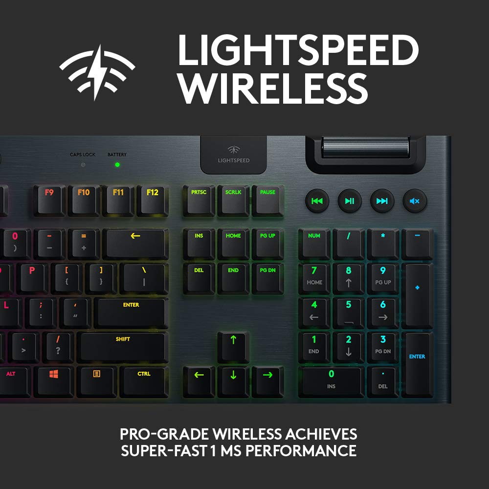 Logitech G915 wireless mechanical gaming keyboard, low profile clicky switches, RGB, Bluetooth + Lightspeed.