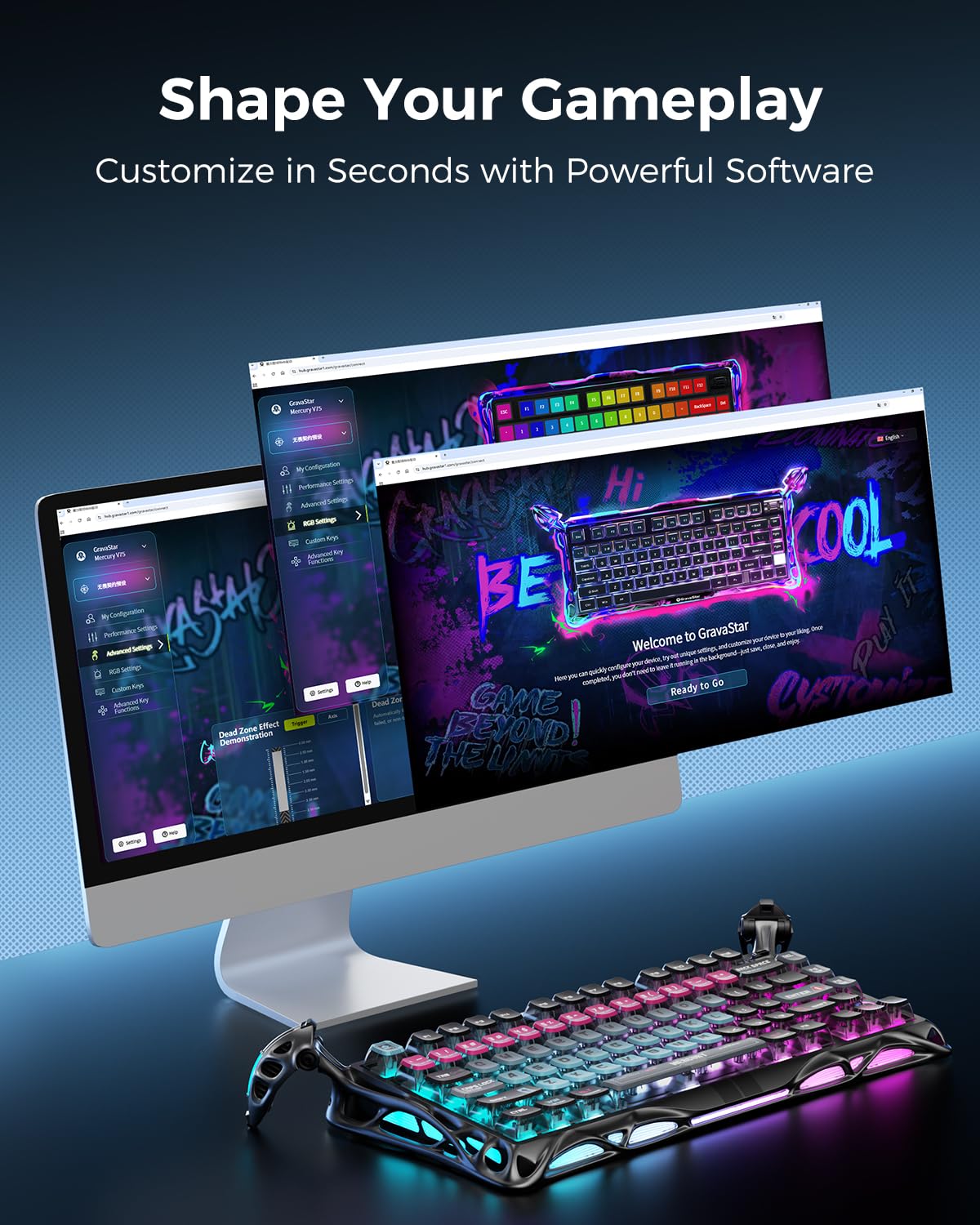GravaStar Mercury V75 Pro HE wired 75% keyboard, Hall effect switches, 8000Hz, RGB cyberpunk design.