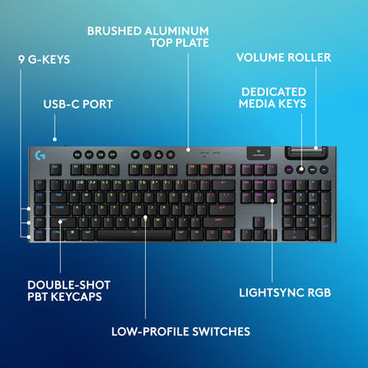 Logitech G915 X Lightspeed wireless keyboard, low profile switches, RGB, PBT keycaps.