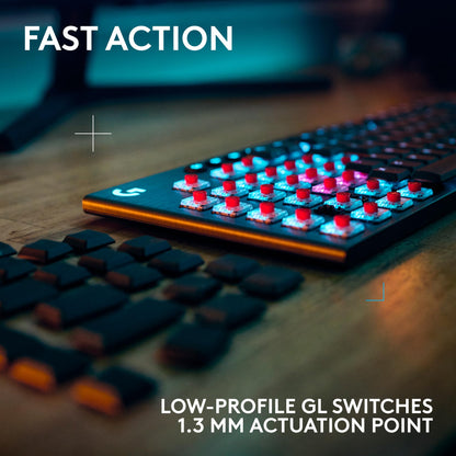 Logitech G915 X Lightspeed wireless keyboard, low profile switches, RGB, PBT keycaps.