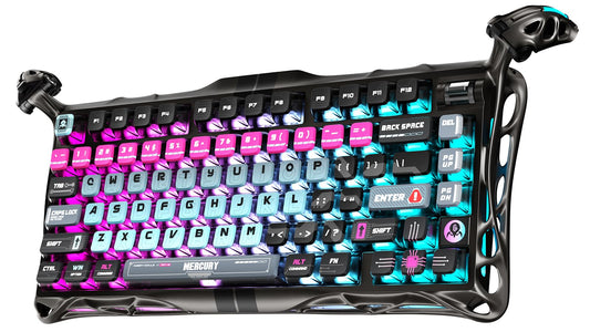 GravaStar Mercury V75 Pro HE wired 75% keyboard, Hall effect switches, 8000Hz, RGB cyberpunk design.