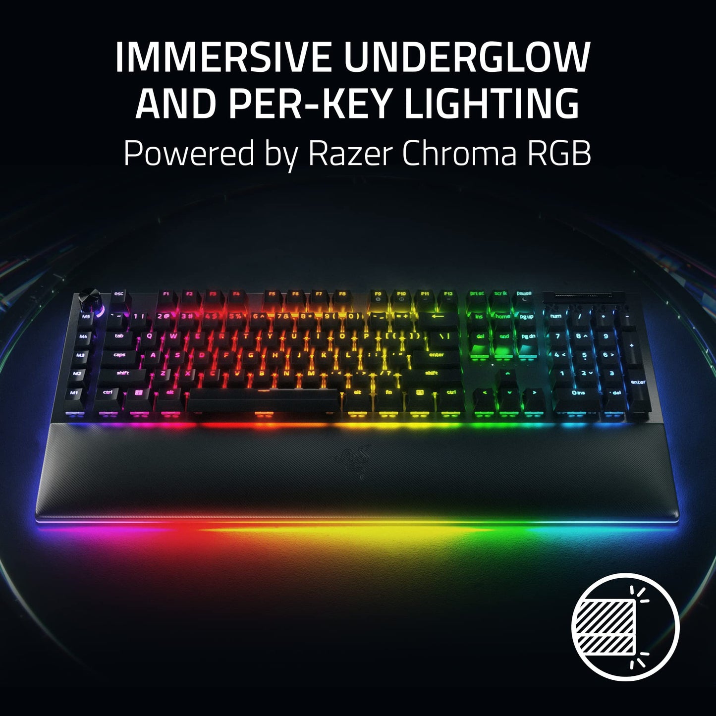 Razer BlackWidow V4 Pro wired keyboard, tactile switches, RGB, wrist rest, command dial.