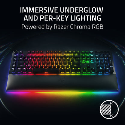 Razer BlackWidow V4 Pro wired keyboard, tactile switches, RGB, wrist rest, command dial.