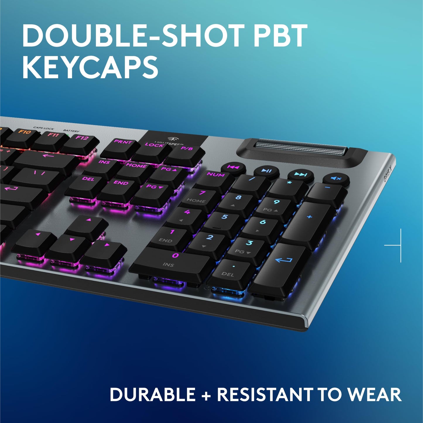 Logitech G915 X Lightspeed wireless keyboard, low profile switches, RGB, PBT keycaps.