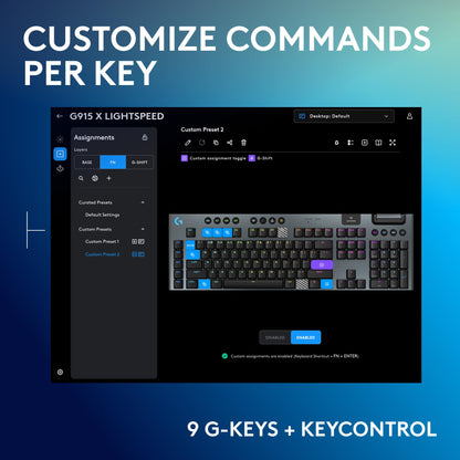 Logitech G915 X Lightspeed wireless keyboard, low profile switches, RGB, PBT keycaps.