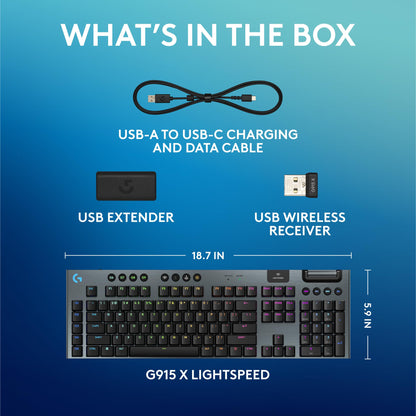 Logitech G915 X Lightspeed wireless keyboard, low profile switches, RGB, PBT keycaps.