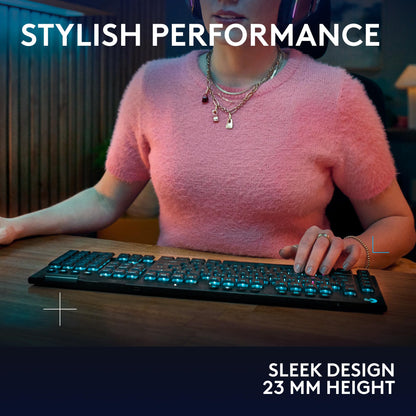 Logitech G915 X Lightspeed wireless keyboard, low profile switches, RGB, PBT keycaps.