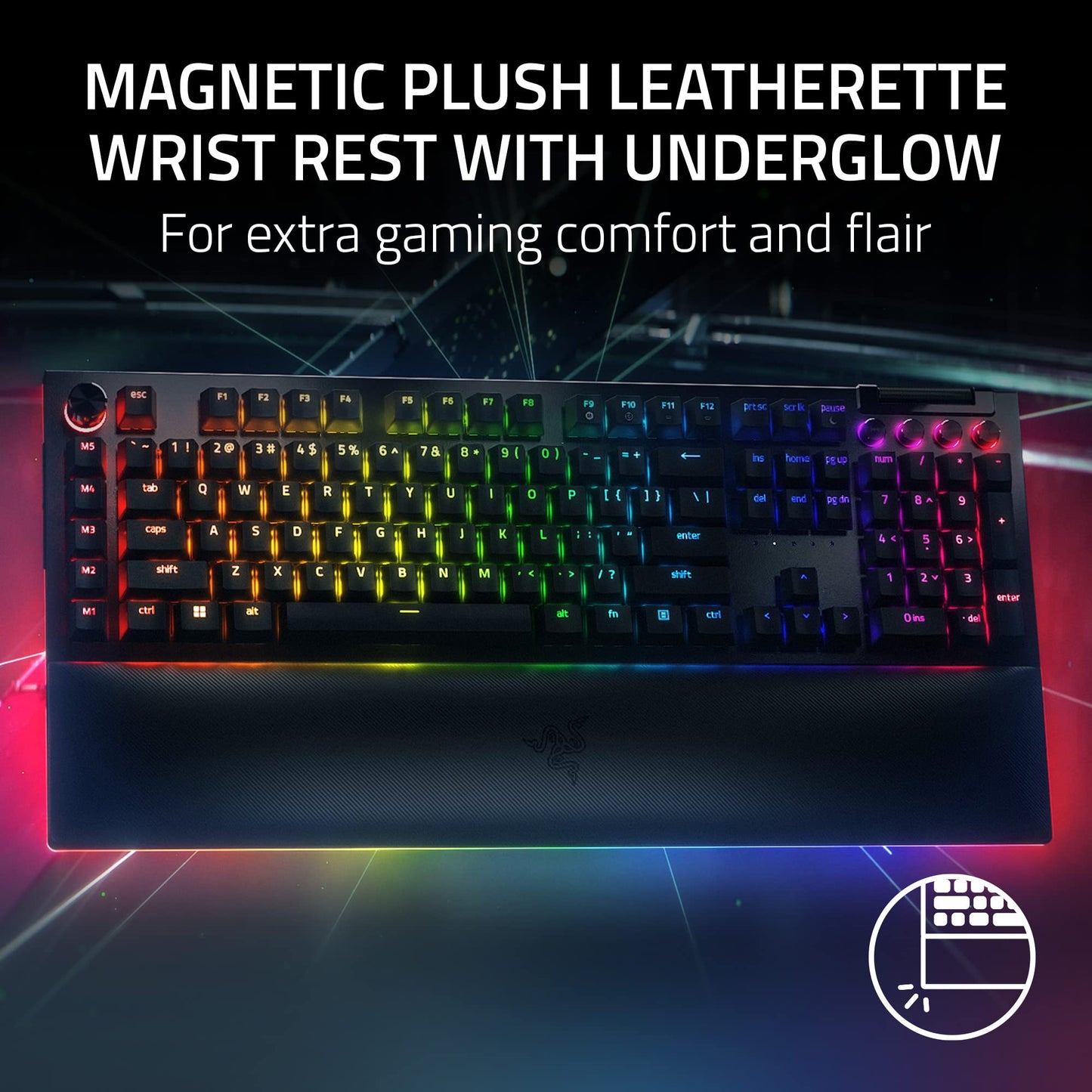 Razer BlackWidow V4 Pro wired keyboard, tactile switches, RGB, wrist rest, command dial.