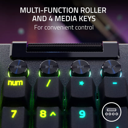 Razer BlackWidow V4 Pro wired keyboard, tactile switches, RGB, wrist rest, command dial.
